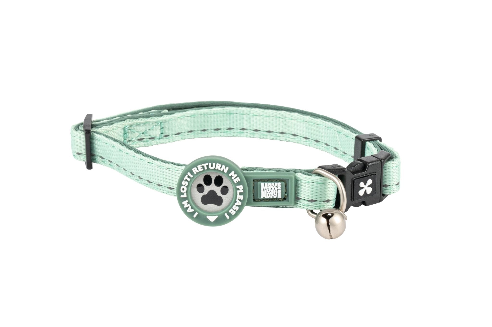 Max & Molly cat collar with safety buckle, bell, and ID tag – adjustable and comfortable for everyday wear.