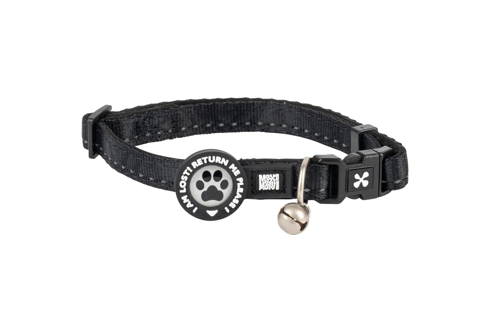 Max & Molly cat collar with safety buckle, bell, and ID tag – adjustable and comfortable for everyday wear.