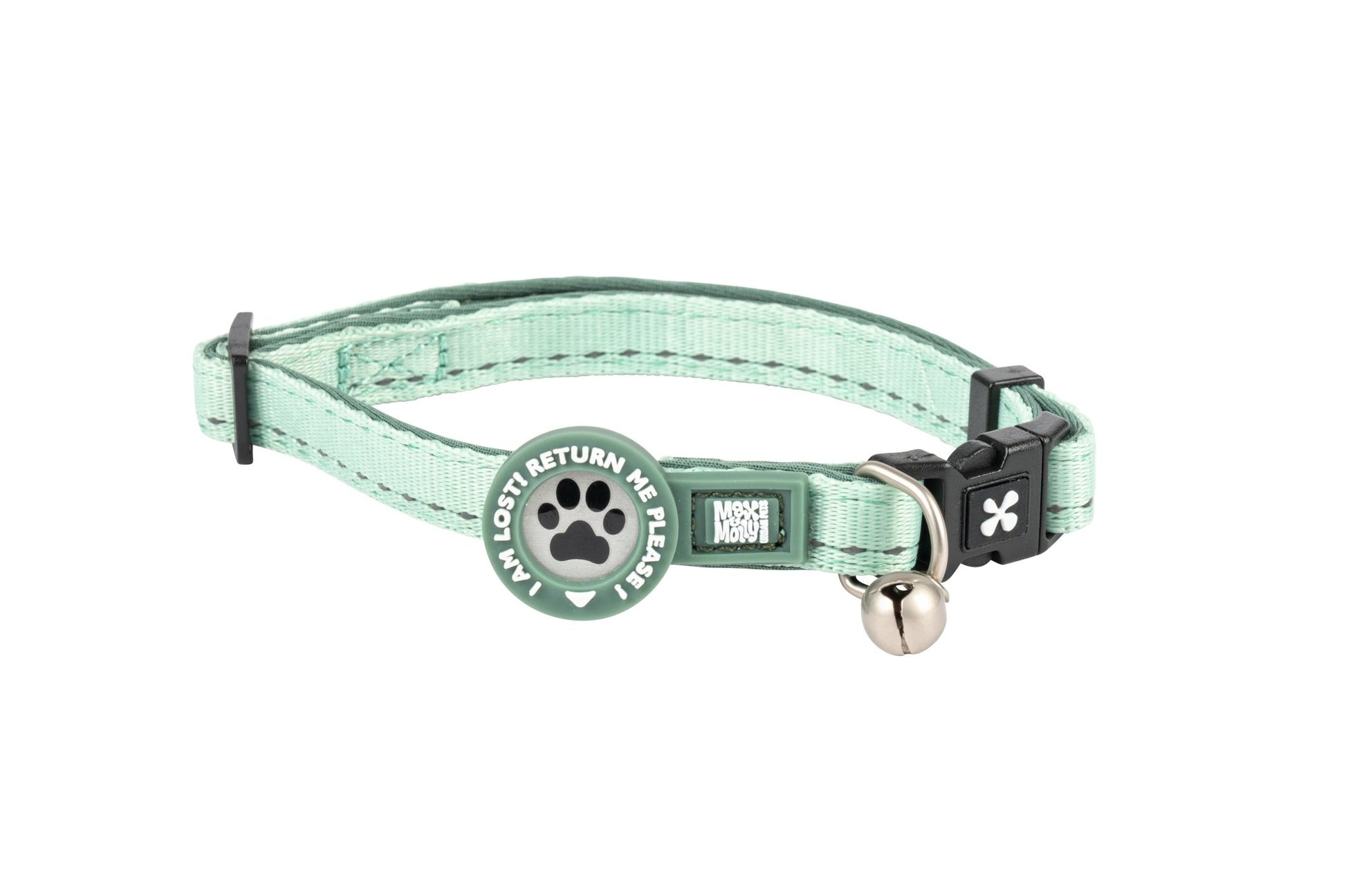 Max & Molly cat collar with safety buckle, bell, and ID tag – adjustable and comfortable for everyday wear.